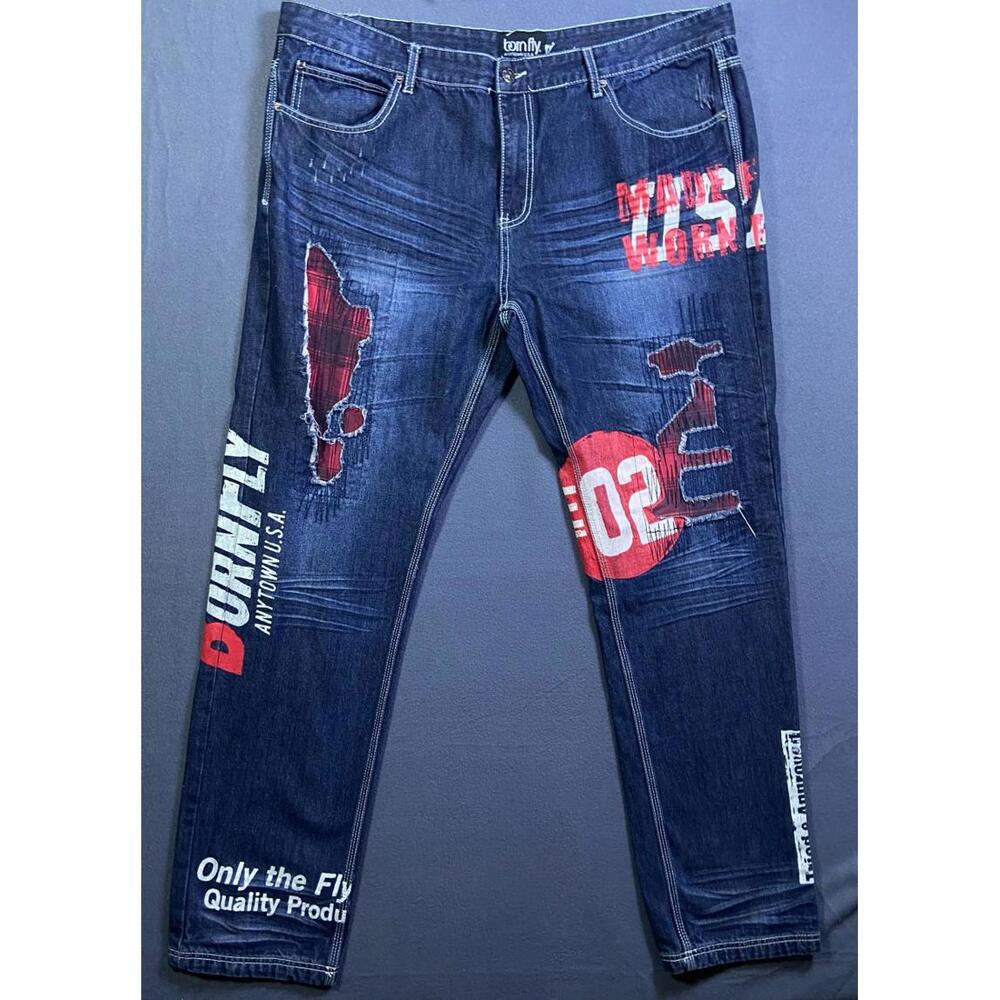 Born Fly Anytown USA Distressed Patch Paint Streetwear Denim Jeans Mens 42 44x35